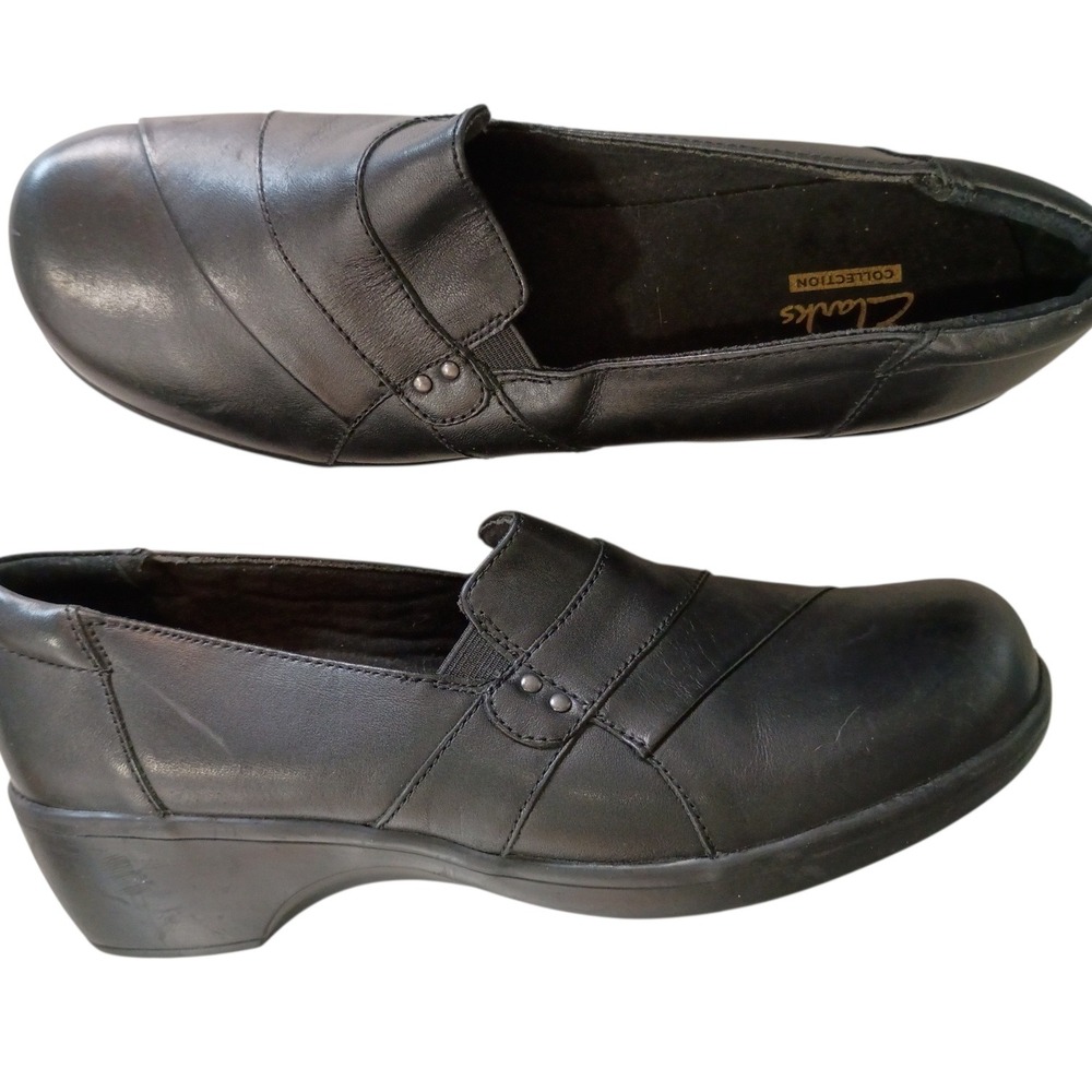 Clarks Collection Womens Black Leather Slip On Wedge Loafers Shoes‎ Size 9 M